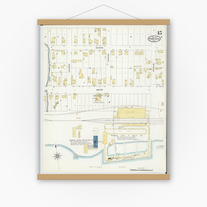 Old map wall art mockup — magnetic wood frame on white wall — Sanborn Fire Insurance Map from Hancock, Houghton County, Michigan (1907), Sheet #0015