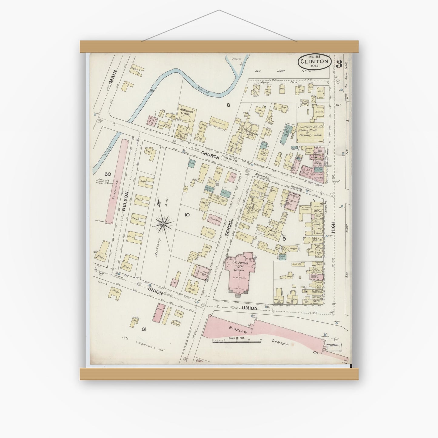 Old map wall art mockup — magnetic wood frame on white wall — Sanborn Fire Insurance Map from Clinton, Worcester County, Massachusetts (1888), Sheet #0003