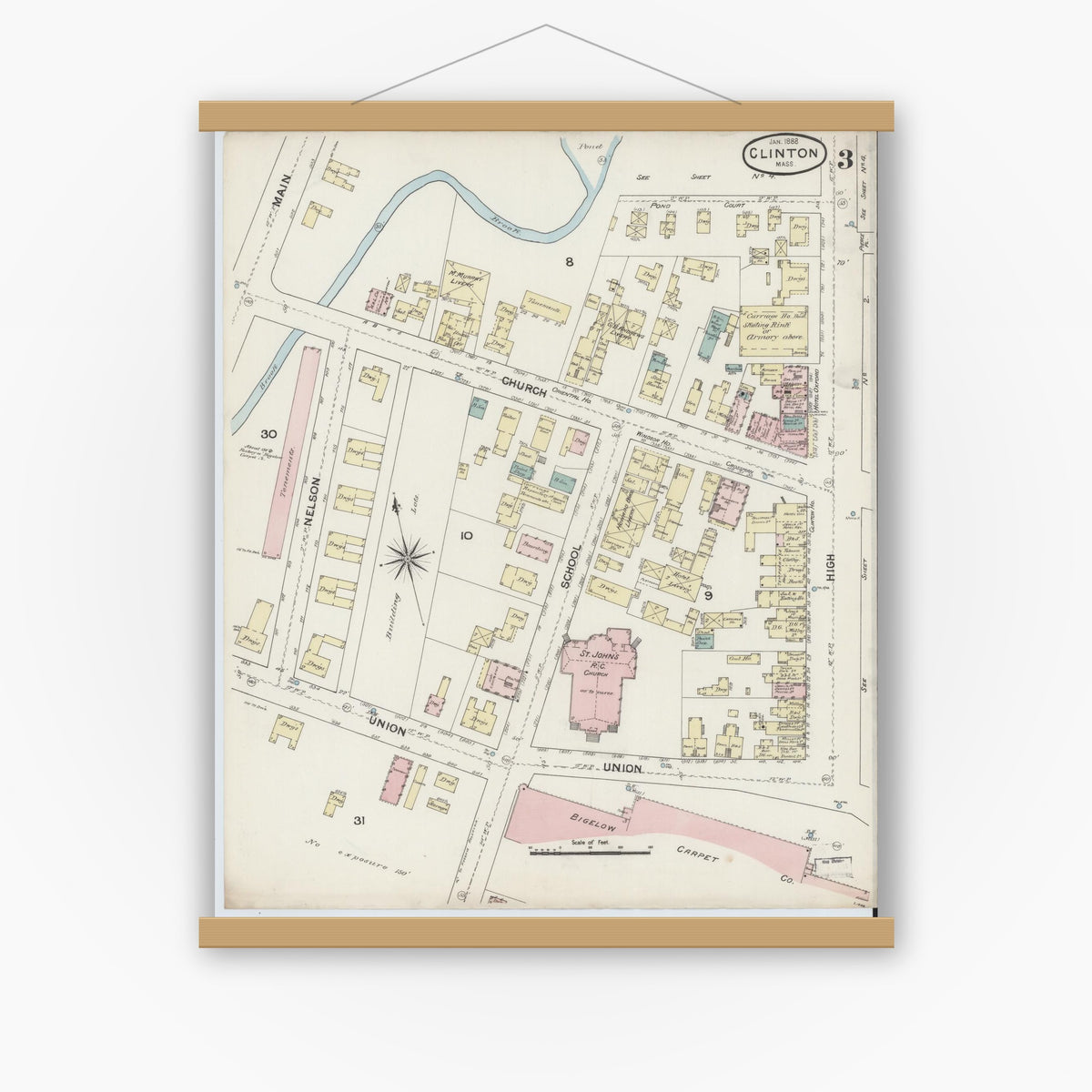 Old map wall art mockup — magnetic wood frame on white wall — Sanborn Fire Insurance Map from Clinton, Worcester County, Massachusetts (1888), Sheet #0003