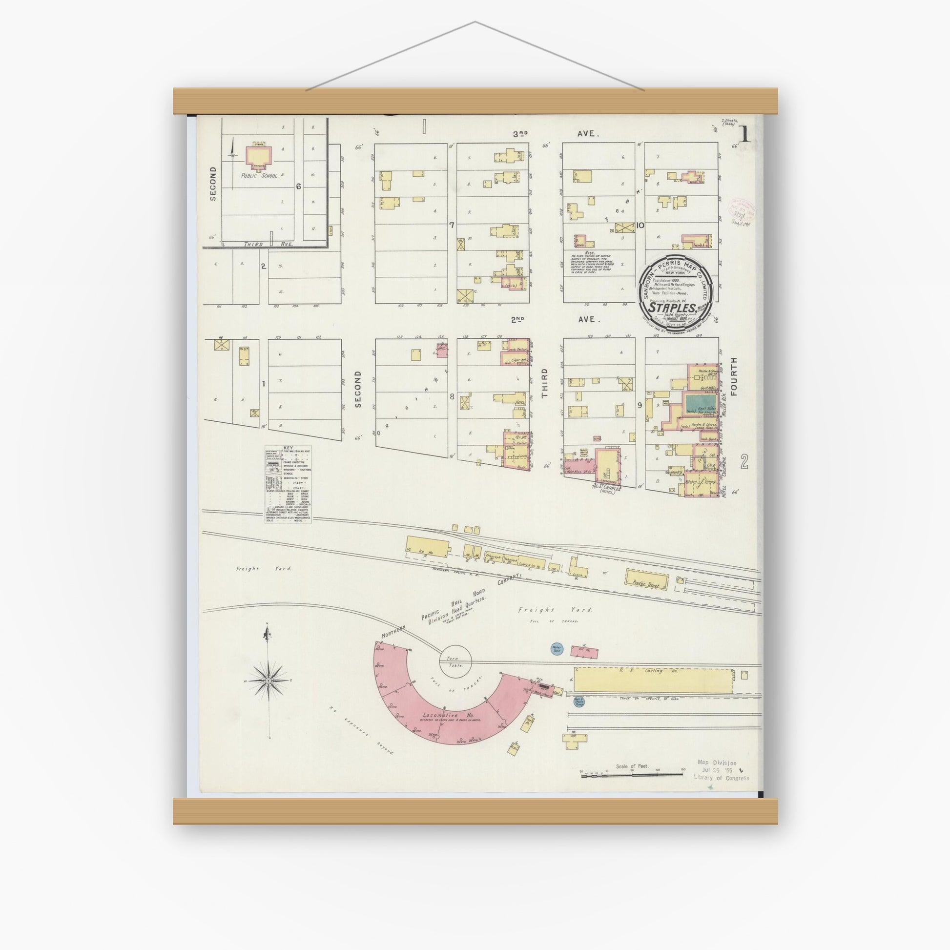 Old map wall art mockup — magnetic wood frame on white wall — Sanborn Fire Insurance Map from Staples, Todd County, Minnesota (1894), Sheet #0001