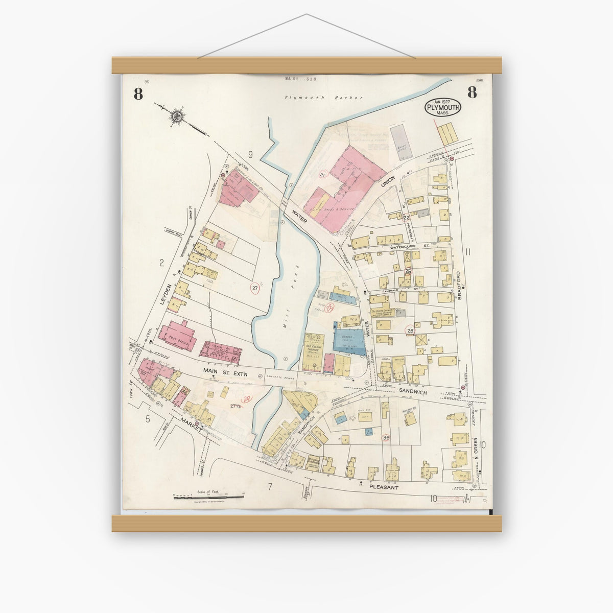 Old map wall art mockup — magnetic wood frame on white wall — Sanborn Fire Insurance Map from Plymouth, Plymouth County, Massachusetts (1948), Sheet #0008