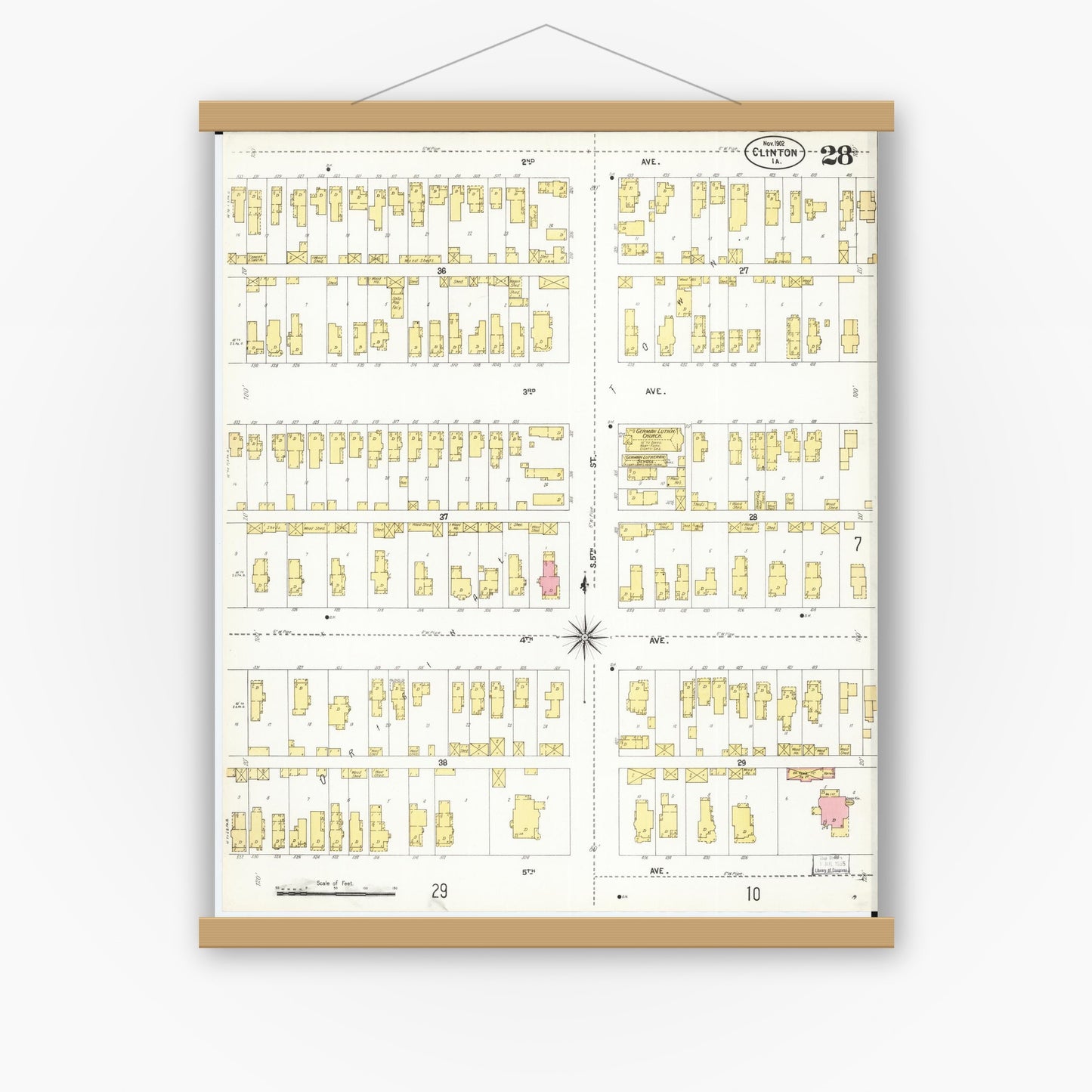 Old map wall art mockup — magnetic wood frame on white wall — Sanborn Fire Insurance Map from Clinton, Clinton County, Iowa (1902), Sheet #0028