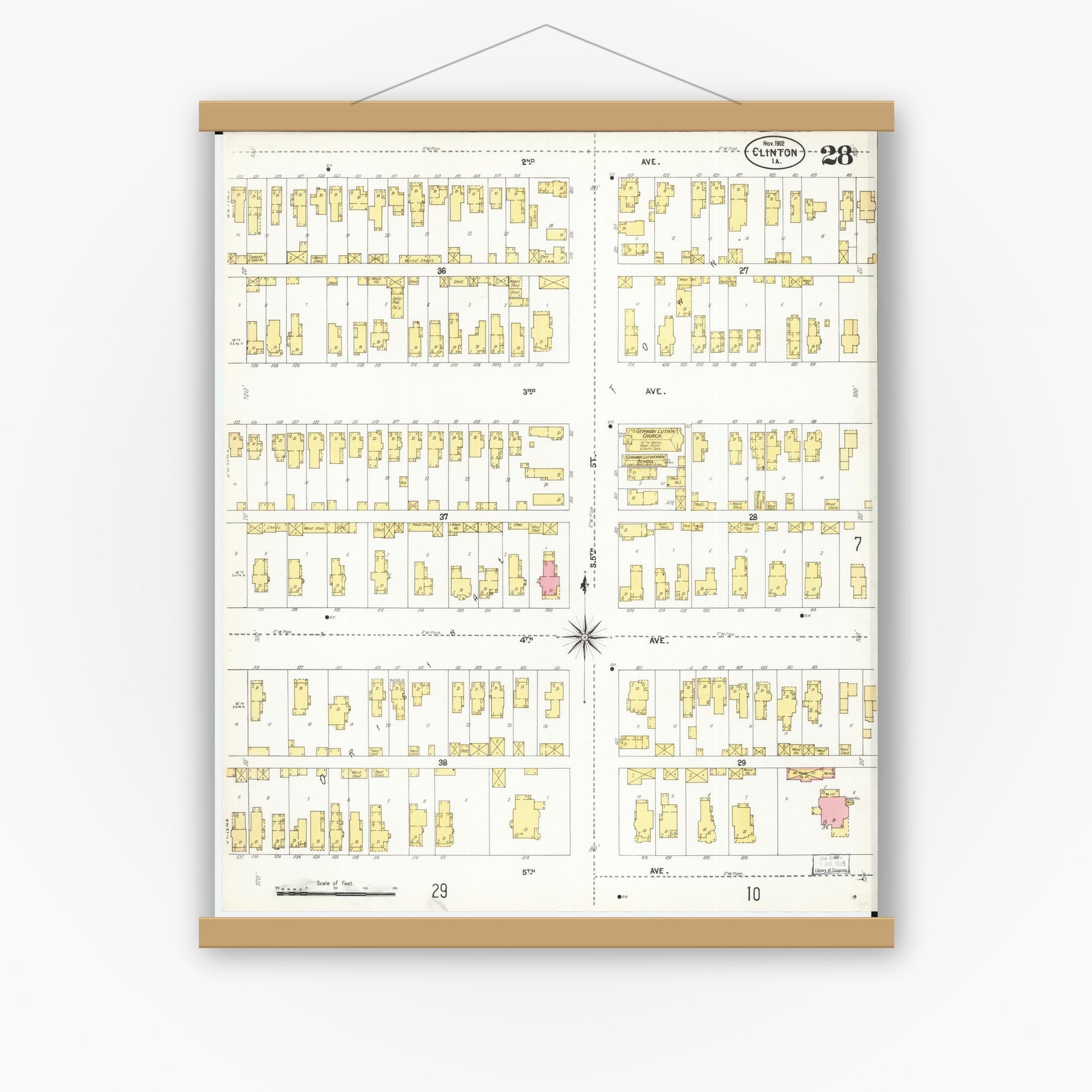 Old map wall art mockup — magnetic wood frame on white wall — Sanborn Fire Insurance Map from Clinton, Clinton County, Iowa (1902), Sheet #0028