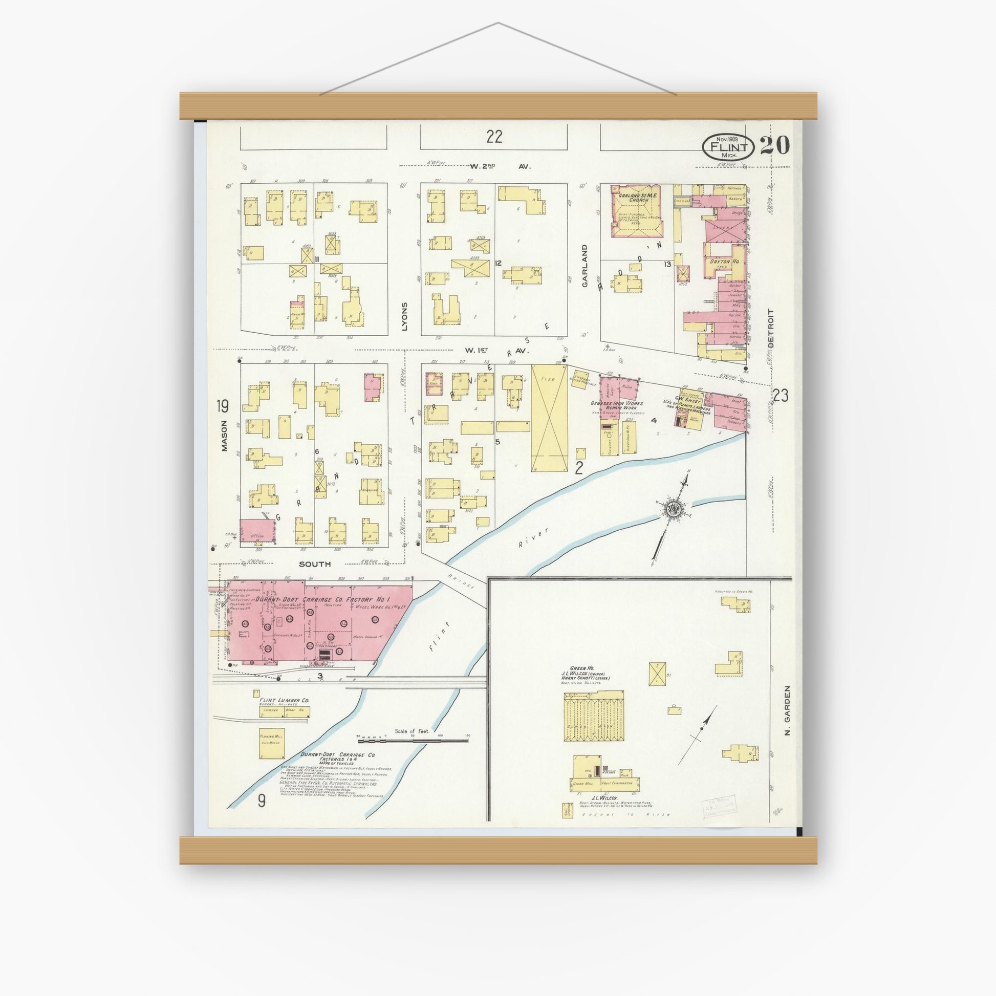 Old map wall art mockup — magnetic wood frame on white wall — Sanborn Fire Insurance Map from Flint, Genesee County, Michigan (1909), Sheet #0020