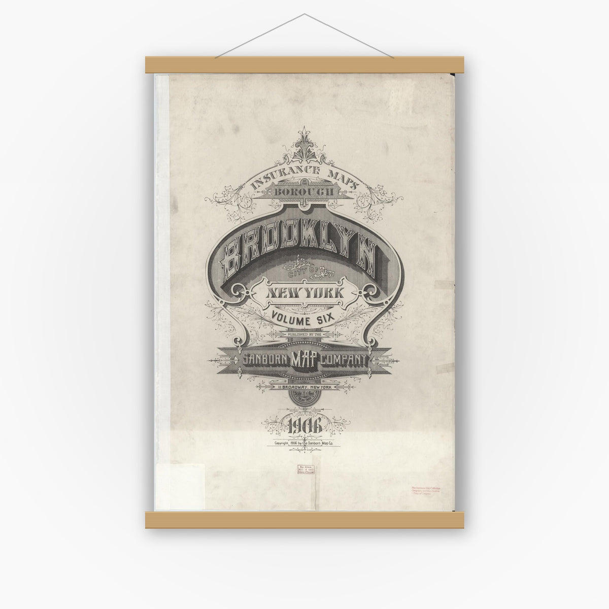 Old map wall art mockup — magnetic wood frame on white wall — Sanborn Fire Insurance Map from Brooklyn, Kings County, New York (1906), Sheet #0001