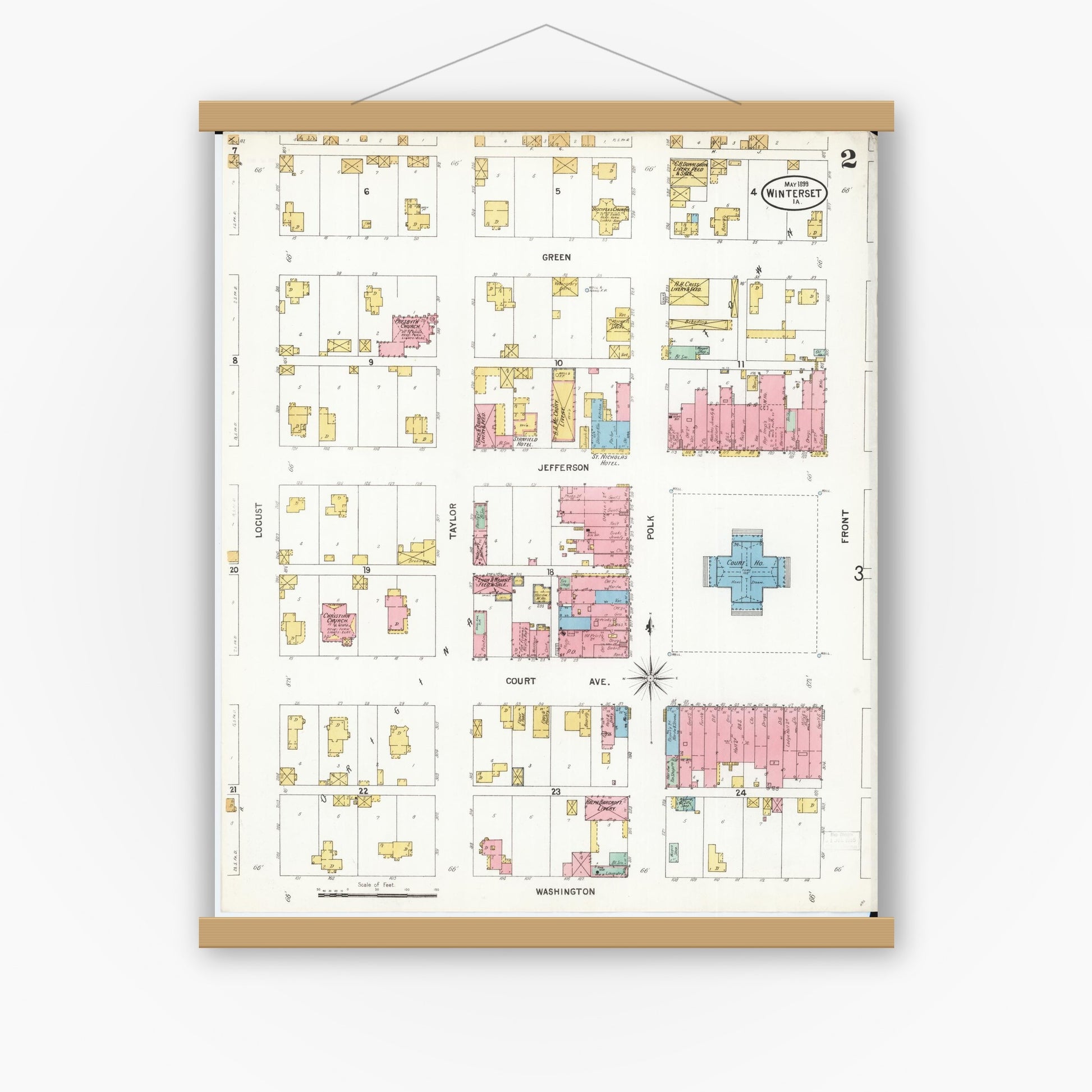 Old map wall art mockup — magnetic wood frame on white wall — Sanborn Fire Insurance Map from Winterset, Madison County, Iowa (1899), Sheet #0002