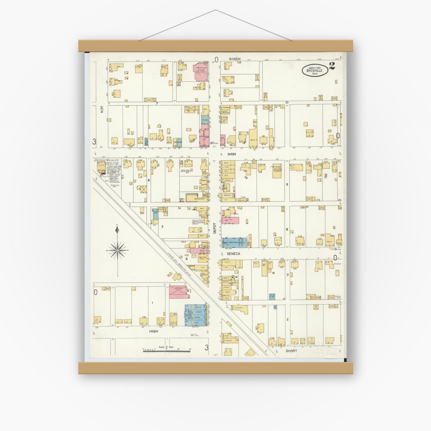 Old map wall art mockup — magnetic wood frame on white wall — Sanborn Fire Insurance Map from Byesville, Guernsey County, Ohio (1905), Sheet #0002