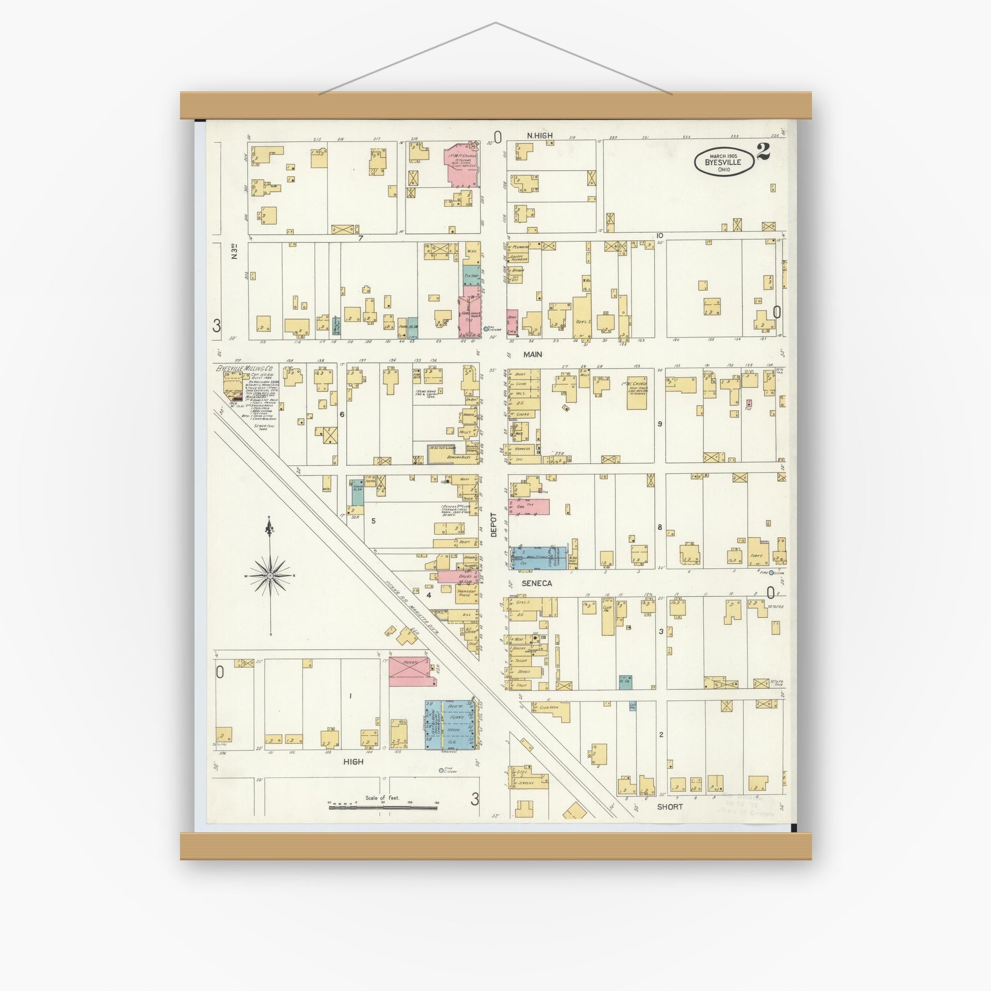 Old map wall art mockup — magnetic wood frame on white wall — Sanborn Fire Insurance Map from Byesville, Guernsey County, Ohio (1905), Sheet #0002