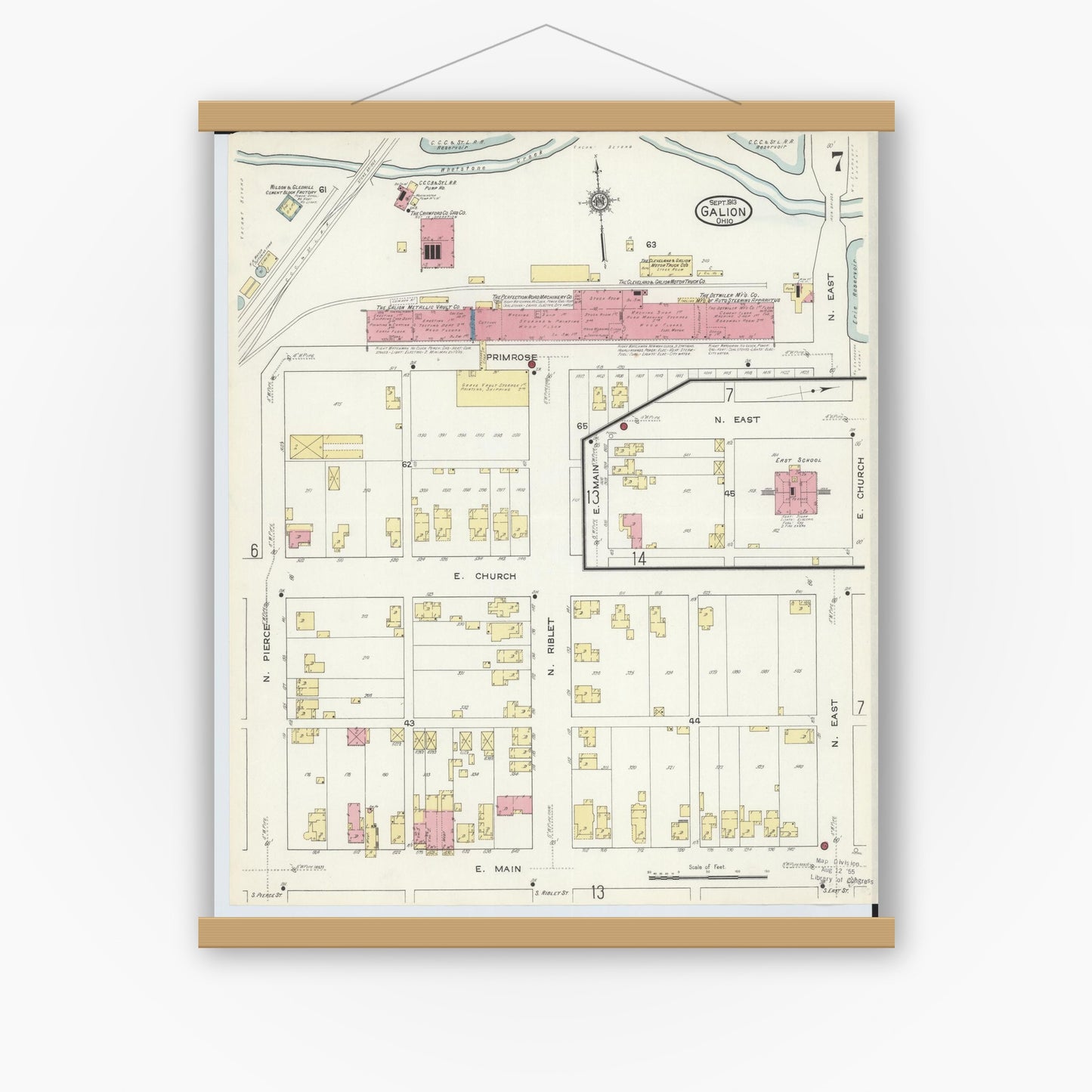 Old map wall art mockup — magnetic wood frame on white wall — Sanborn Fire Insurance Map from Galion, Crawford County, Ohio (1913), Sheet #0007