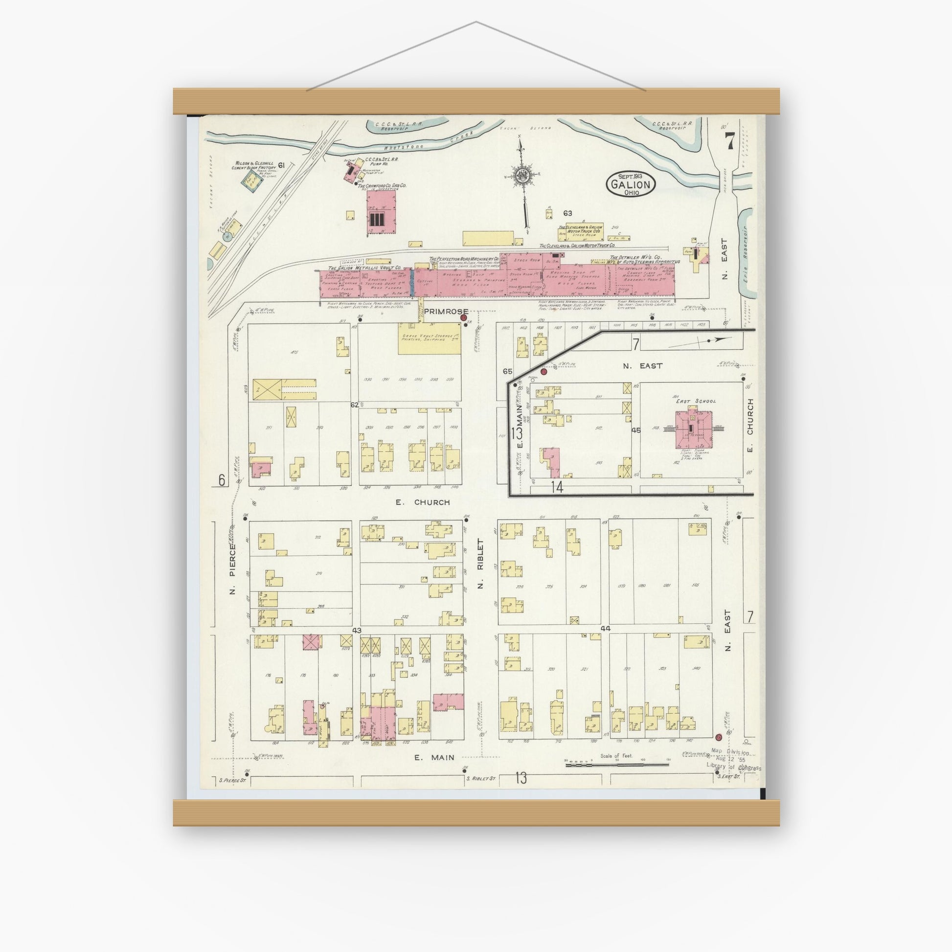Old map wall art mockup — magnetic wood frame on white wall — Sanborn Fire Insurance Map from Galion, Crawford County, Ohio (1913), Sheet #0007
