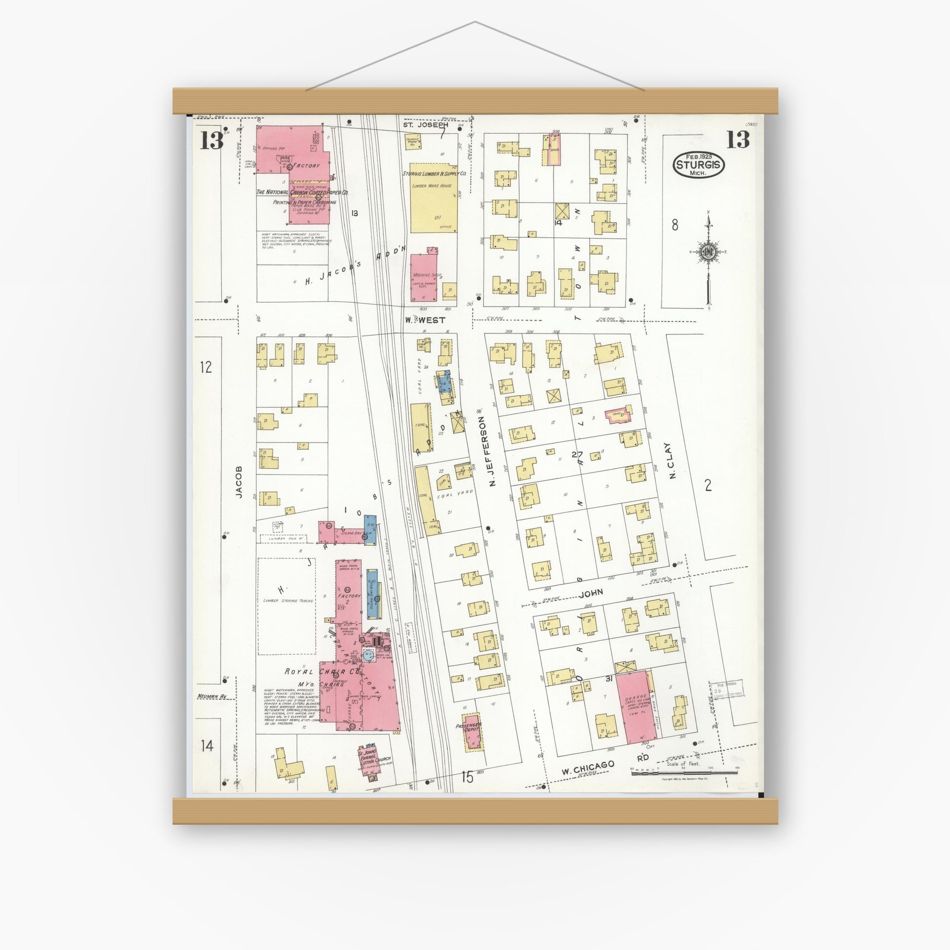 Old map wall art mockup — magnetic wood frame on white wall — Sanborn Fire Insurance Map from Sturgis, Saint Joseph County, Michigan (1923), Sheet #0013