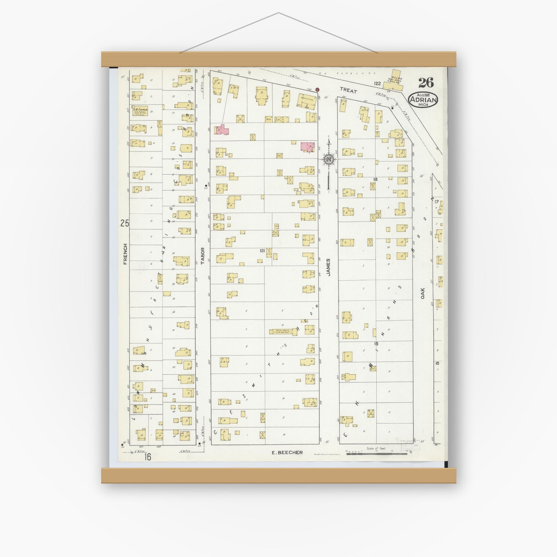Old map wall art mockup — magnetic wood frame on white wall — Sanborn Fire Insurance Map from Adrian, Lenawee County, Michigan (1916), Sheet #0026