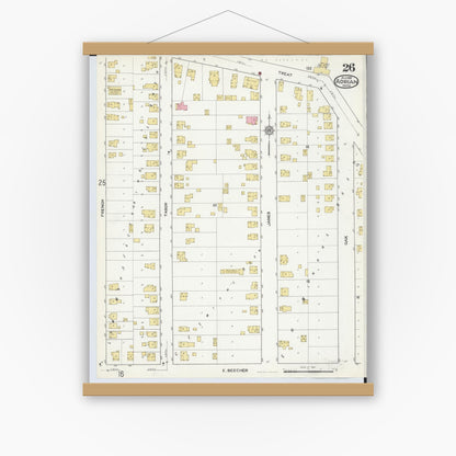 Old map wall art mockup — magnetic wood frame on white wall — Sanborn Fire Insurance Map from Adrian, Lenawee County, Michigan (1916), Sheet #0026