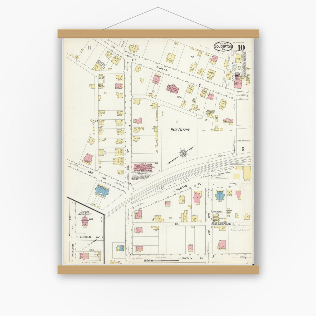 Old map wall art mockup — magnetic wood frame on white wall — Sanborn Fire Insurance Map from Souderton, Montgomery County, Pennsylvania (1914), Sheet #0010
