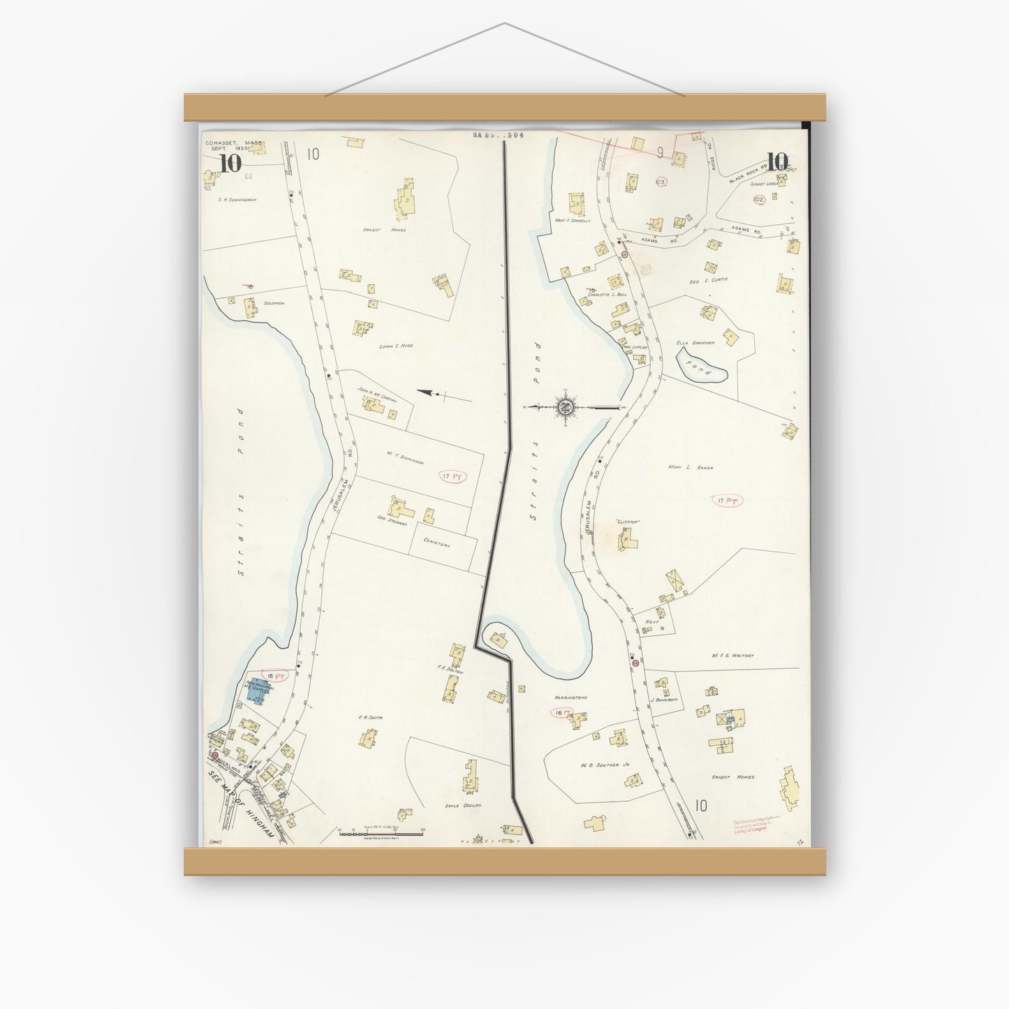 Old map wall art mockup — magnetic wood frame on white wall — Sanborn Fire Insurance Map from Cohasset, Norfolk County, Massachusetts (1940), Sheet #0010