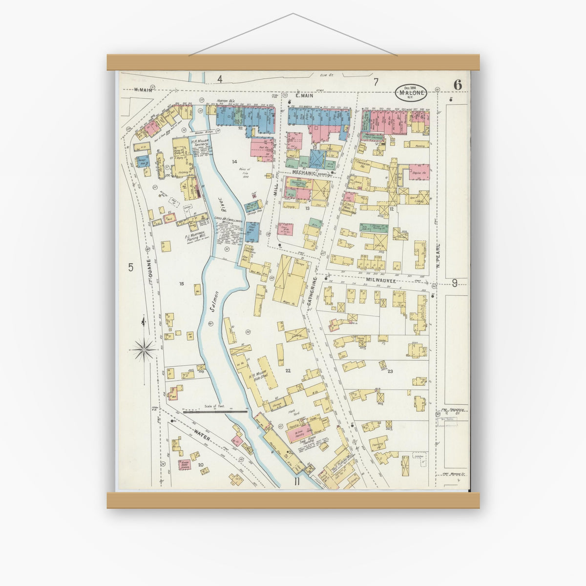 Old map wall art mockup — magnetic wood frame on white wall — Sanborn Fire Insurance Map from Malone, Franklin County, New York (1898), Sheet #0006