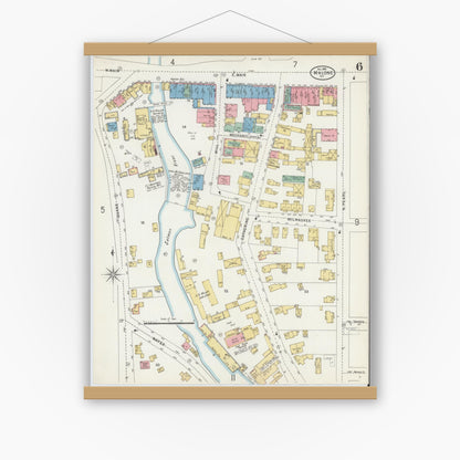 Old map wall art mockup — magnetic wood frame on white wall — Sanborn Fire Insurance Map from Malone, Franklin County, New York (1898), Sheet #0006