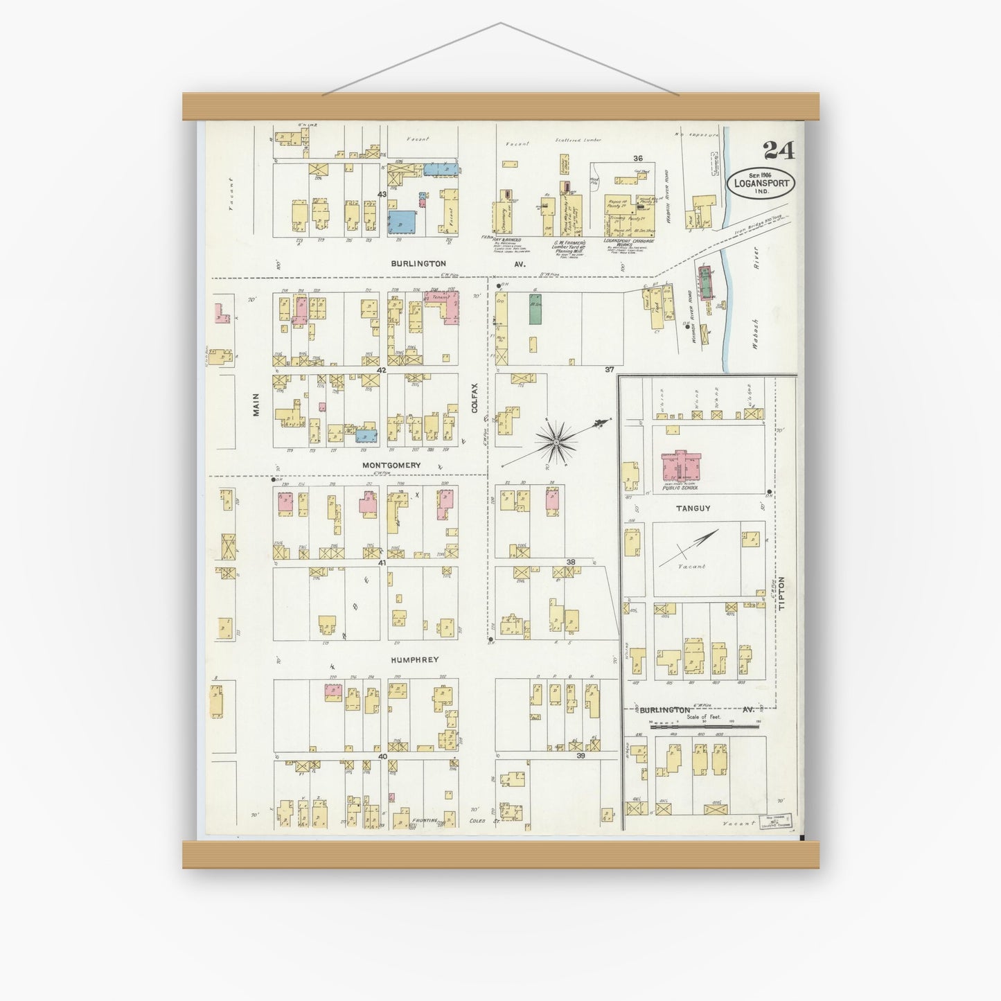 Old map wall art mockup — magnetic wood frame on white wall — Sanborn Fire Insurance Map from Logansport, Cass County, Indiana (1906), Sheet #0024