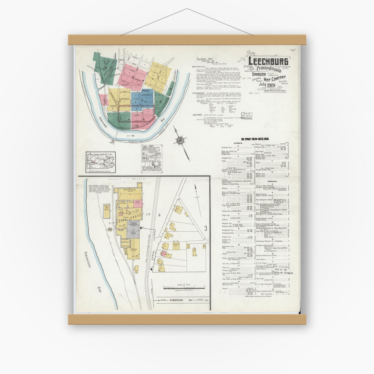 Old map wall art mockup — magnetic wood frame on white wall — Sanborn Fire Insurance Map from Leechburg, Armstrong County, Pennsylvania (1919), Sheet #0001