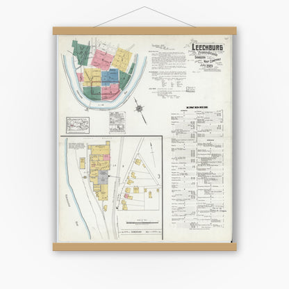 Old map wall art mockup — magnetic wood frame on white wall — Sanborn Fire Insurance Map from Leechburg, Armstrong County, Pennsylvania (1919), Sheet #0001