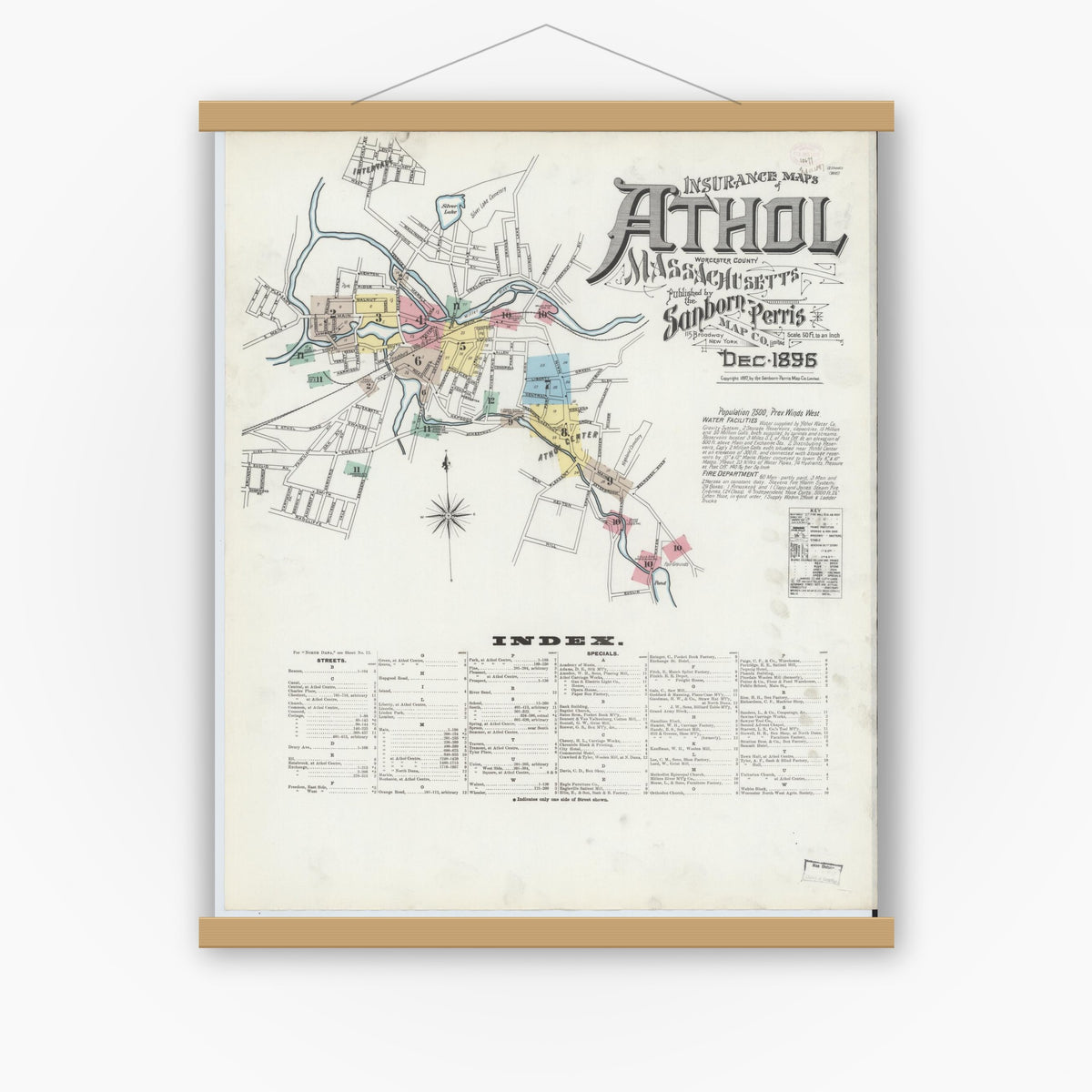 Old map wall art mockup — magnetic wood frame on white wall — Sanborn Fire Insurance Map from Athol, Worcester County, Massachusetts (1896) - Complete Map Set