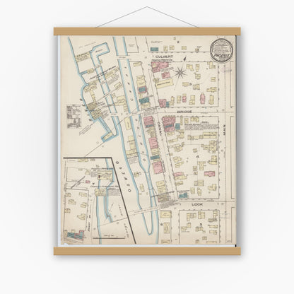 Old map wall art mockup — magnetic wood frame on white wall — Sanborn Fire Insurance Map from Phoenix, Oswego County, New York (1885), Sheet #0001