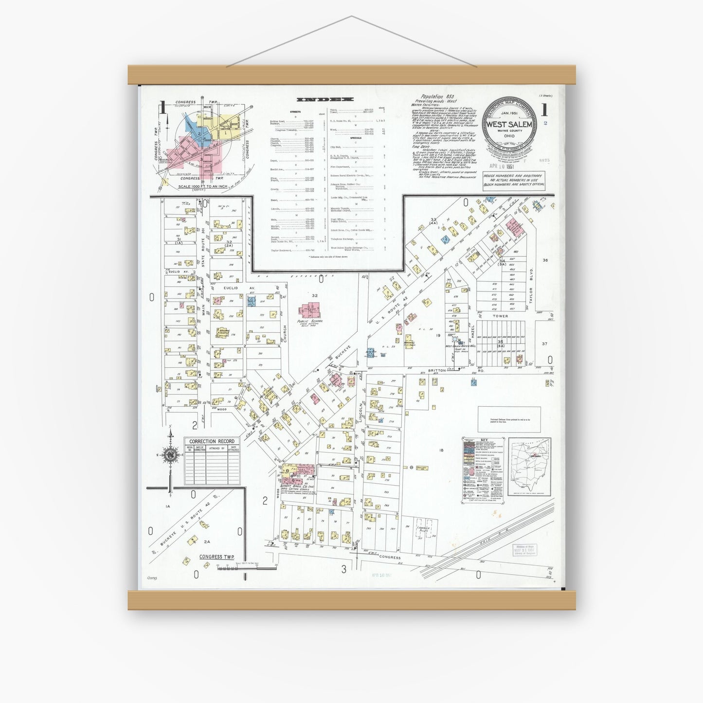 Old map wall art mockup — magnetic wood frame on white wall — Sanborn Fire Insurance Map from West Salem, Wayne County, Ohio (1951) - Complete Map Set