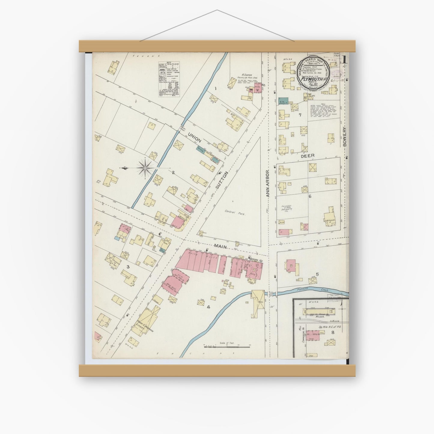 Old map wall art mockup — magnetic wood frame on white wall — Sanborn Fire Insurance Map from Plymouth, Wayne County, Michigan (1893) - Complete Map Set