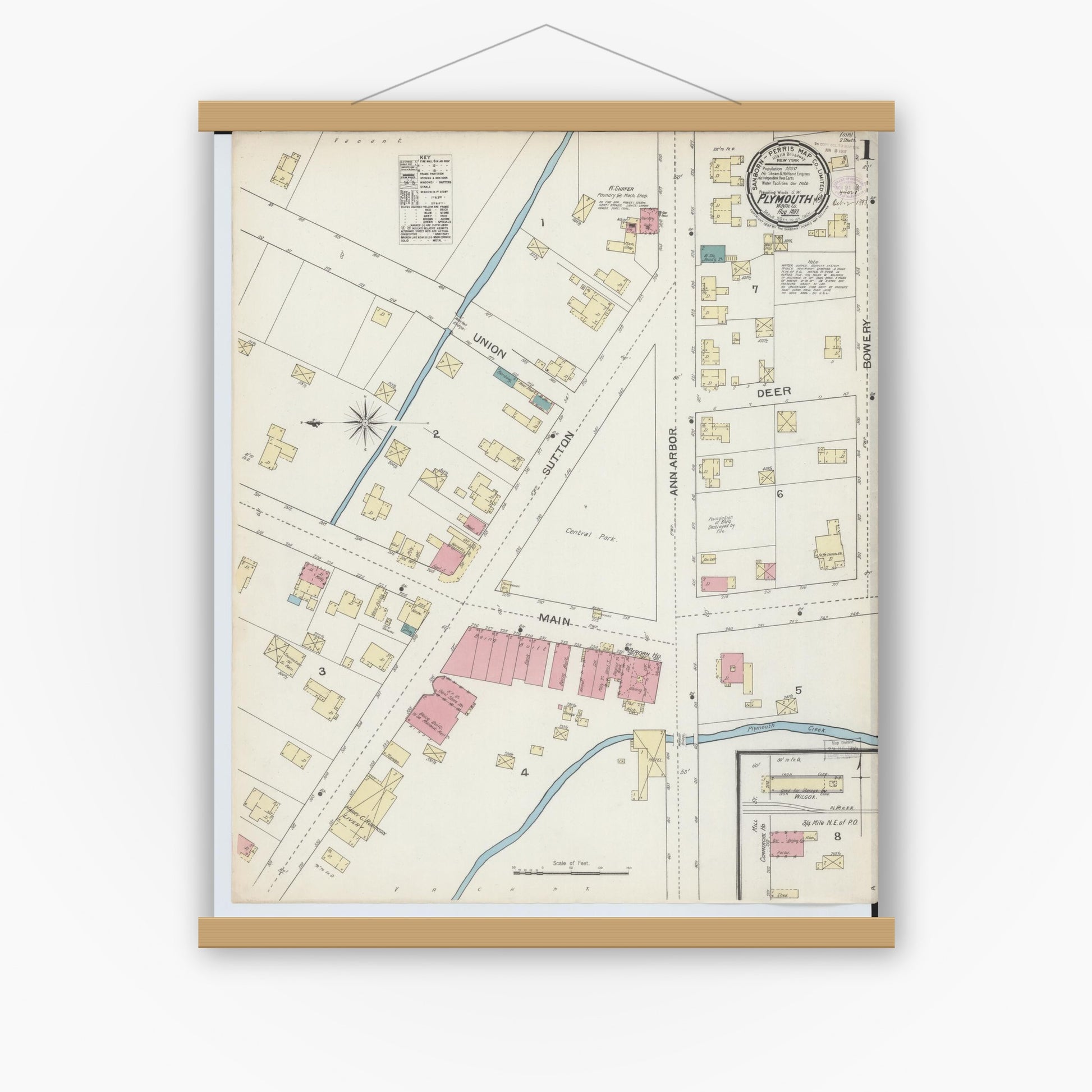 Old map wall art mockup — magnetic wood frame on white wall — Sanborn Fire Insurance Map from Plymouth, Wayne County, Michigan (1893) - Complete Map Set