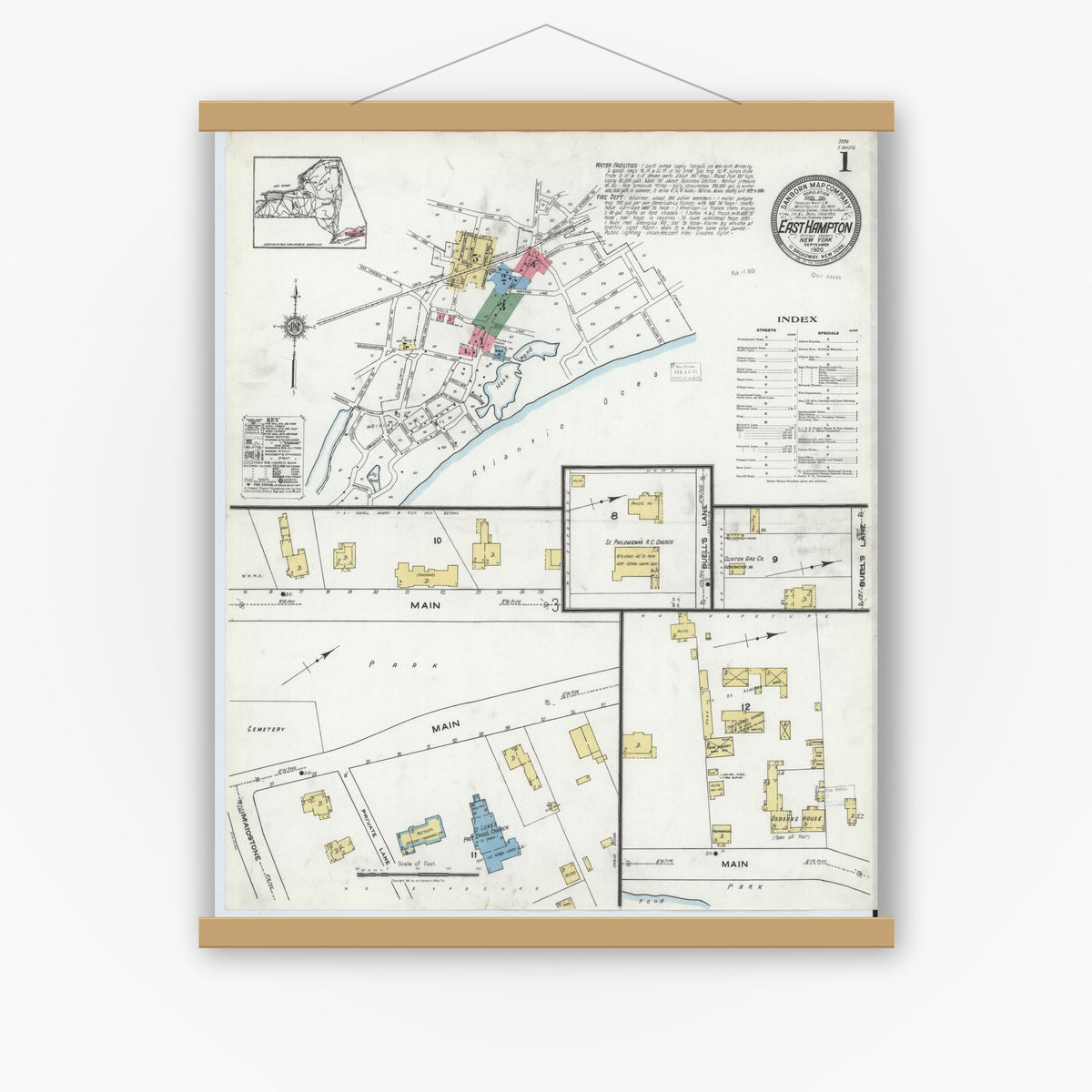Old map wall art mockup — magnetic wood frame on white wall — Sanborn Fire Insurance Map from Easthampton, Suffolk County, New York (1920) - Complete Map Set