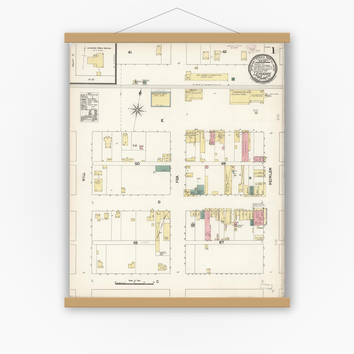Old map wall art mockup — magnetic wood frame on white wall — Sanborn Fire Insurance Map from Lemoore, Kings County, California (1894) - Complete Map Set