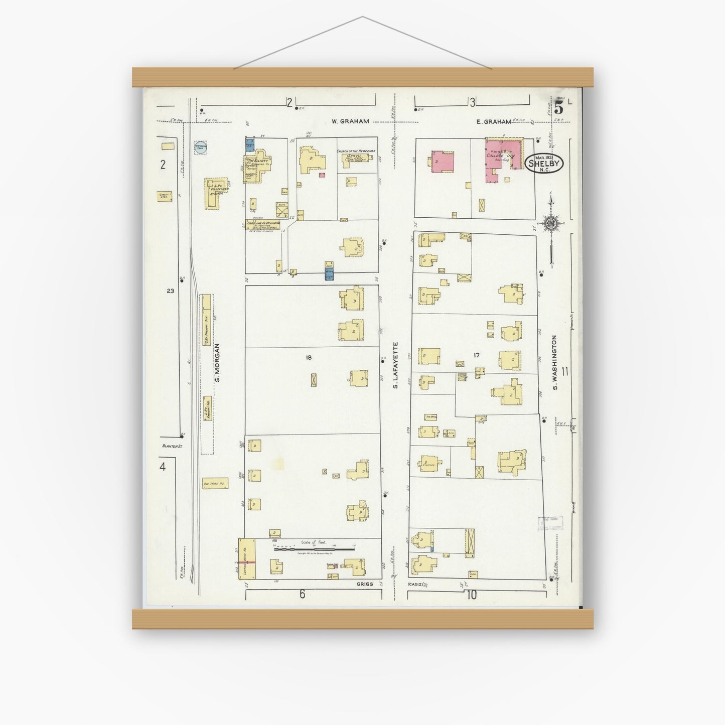 Old map wall art mockup — magnetic wood frame on white wall — Sanborn Fire Insurance Map from Shelby, Cleveland County, North Carolina (1921), Sheet #0005