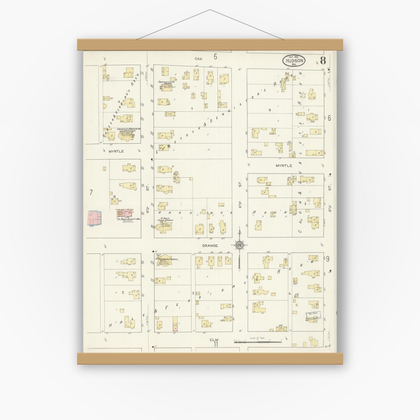 Old map wall art mockup — magnetic wood frame on white wall — Sanborn Fire Insurance Map from Hudson, St. Croix County, Wisconsin (1912), Sheet #0008