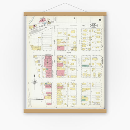 Old map wall art mockup — magnetic wood frame on white wall — Sanborn Fire Insurance Map from Barnesville, Clay County, Minnesota (1907), Sheet #0002
