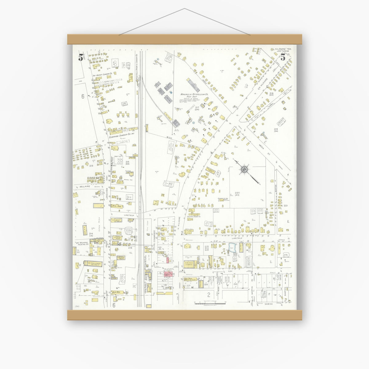 Old map wall art mockup — magnetic wood frame on white wall — Sanborn Fire Insurance Map from Kilgore, Gregg County, Texas (1936), Sheet #0005