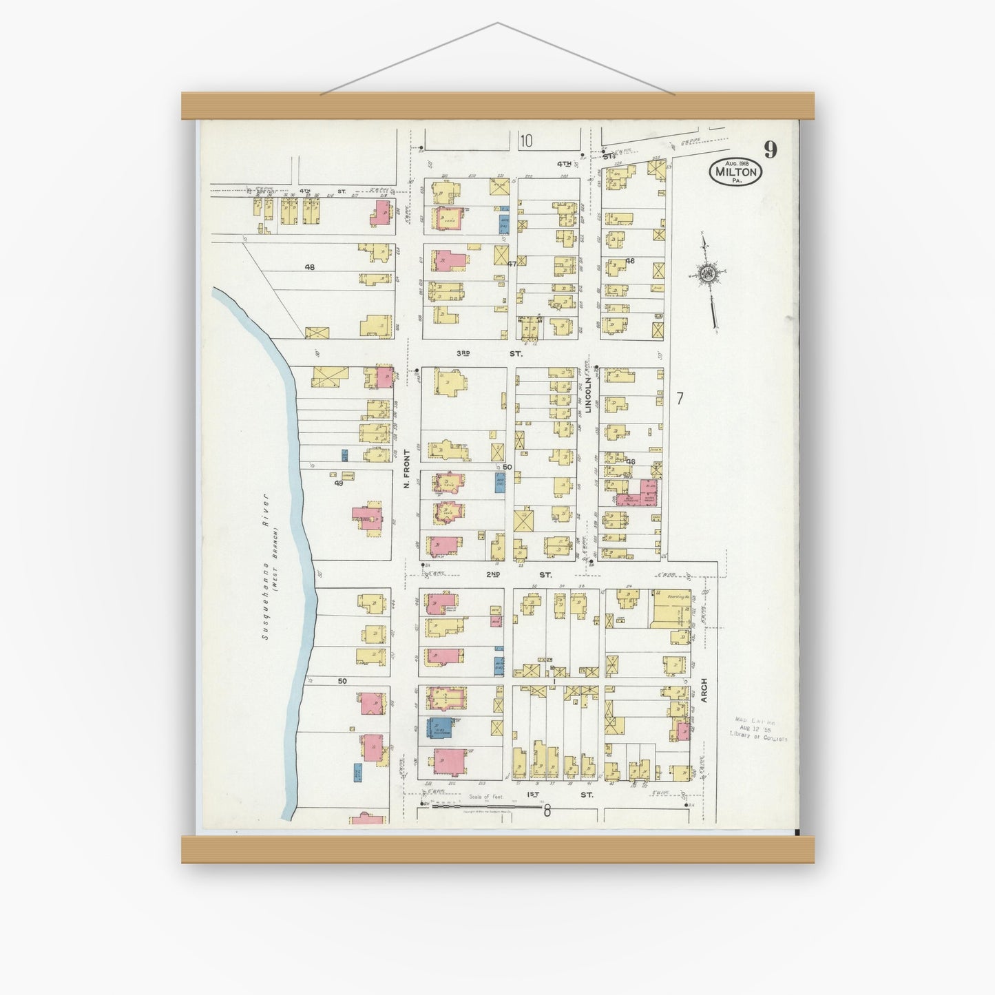 Old map wall art mockup — magnetic wood frame on white wall — Sanborn Fire Insurance Map from Milton, Northumberland County, Pennsylvania (1918), Sheet #0009