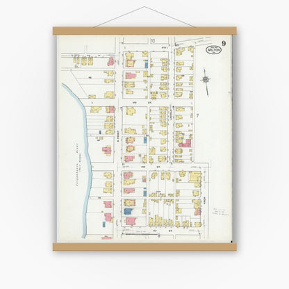Old map wall art mockup — magnetic wood frame on white wall — Sanborn Fire Insurance Map from Milton, Northumberland County, Pennsylvania (1918), Sheet #0009