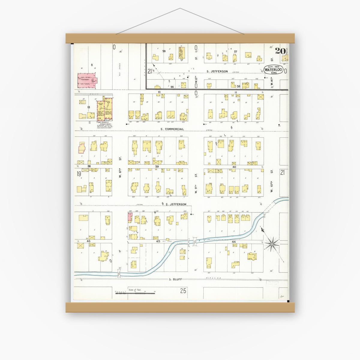 Old map wall art mockup — magnetic wood frame on white wall — Sanborn Fire Insurance Map from Waterloo, Black Hawk County, Iowa (1900), Sheet #0020