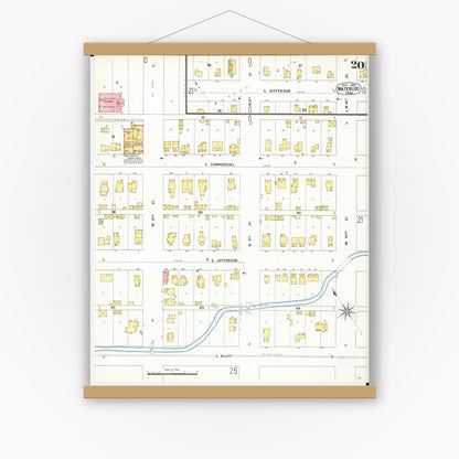 Old map wall art mockup — magnetic wood frame on white wall — Sanborn Fire Insurance Map from Waterloo, Black Hawk County, Iowa (1900), Sheet #0020