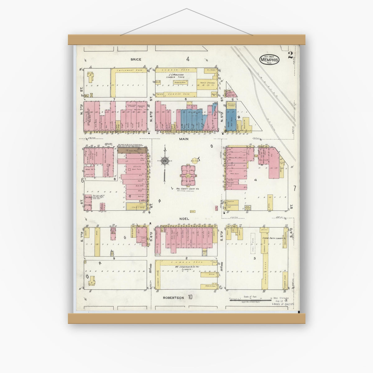 Old map wall art mockup — magnetic wood frame on white wall — Sanborn Fire Insurance Map from Memphis, Hall County, Texas (1920), Sheet #0002