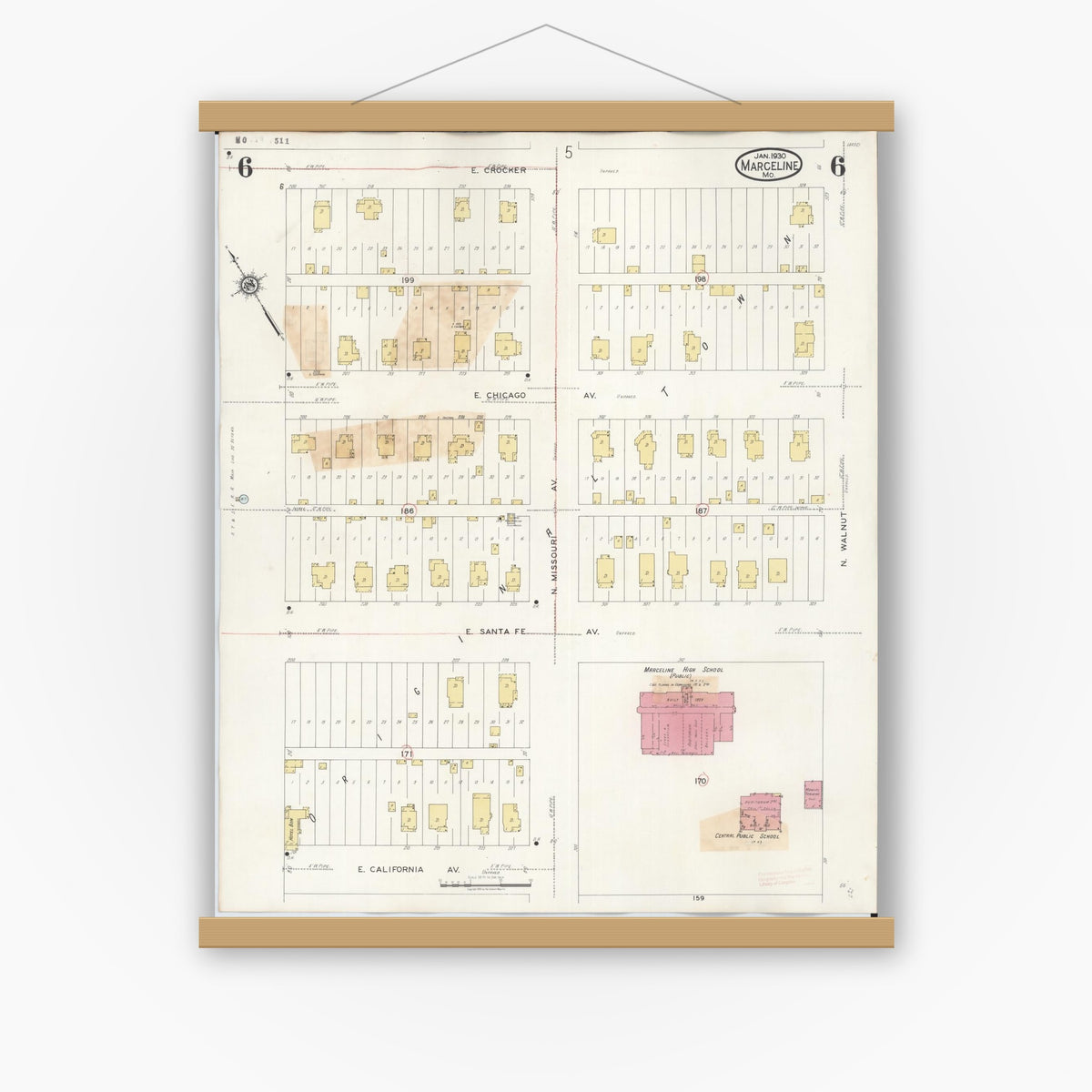 Old map wall art mockup — magnetic wood frame on white wall — Sanborn Fire Insurance Map from Marceline, Linn County, Missouri (1939), Sheet #0006
