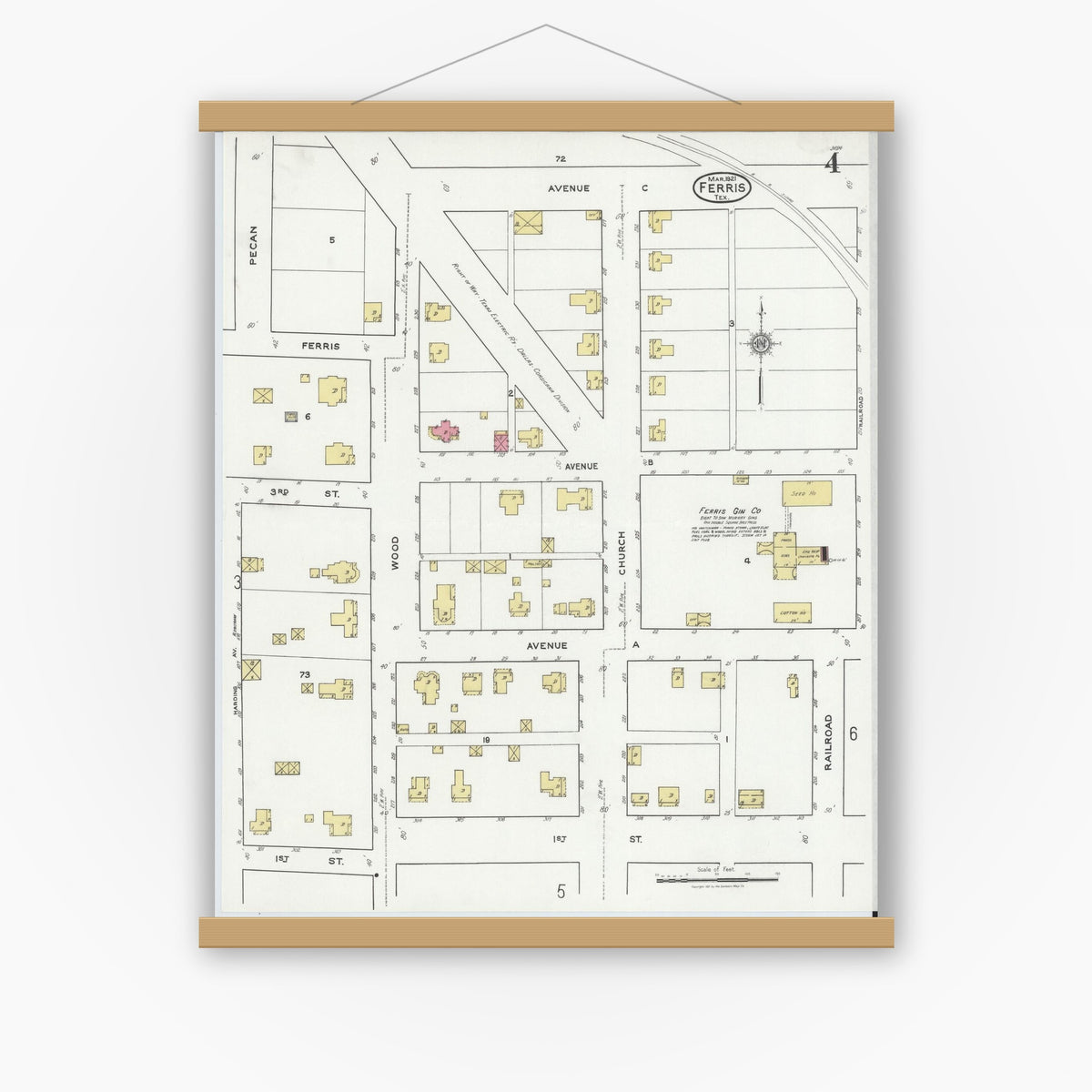 Old map wall art mockup — magnetic wood frame on white wall — Sanborn Fire Insurance Map from Ferris, Ellis County, Texas (1921), Sheet #0004
