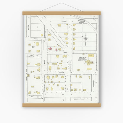 Old map wall art mockup — magnetic wood frame on white wall — Sanborn Fire Insurance Map from Ferris, Ellis County, Texas (1921), Sheet #0004