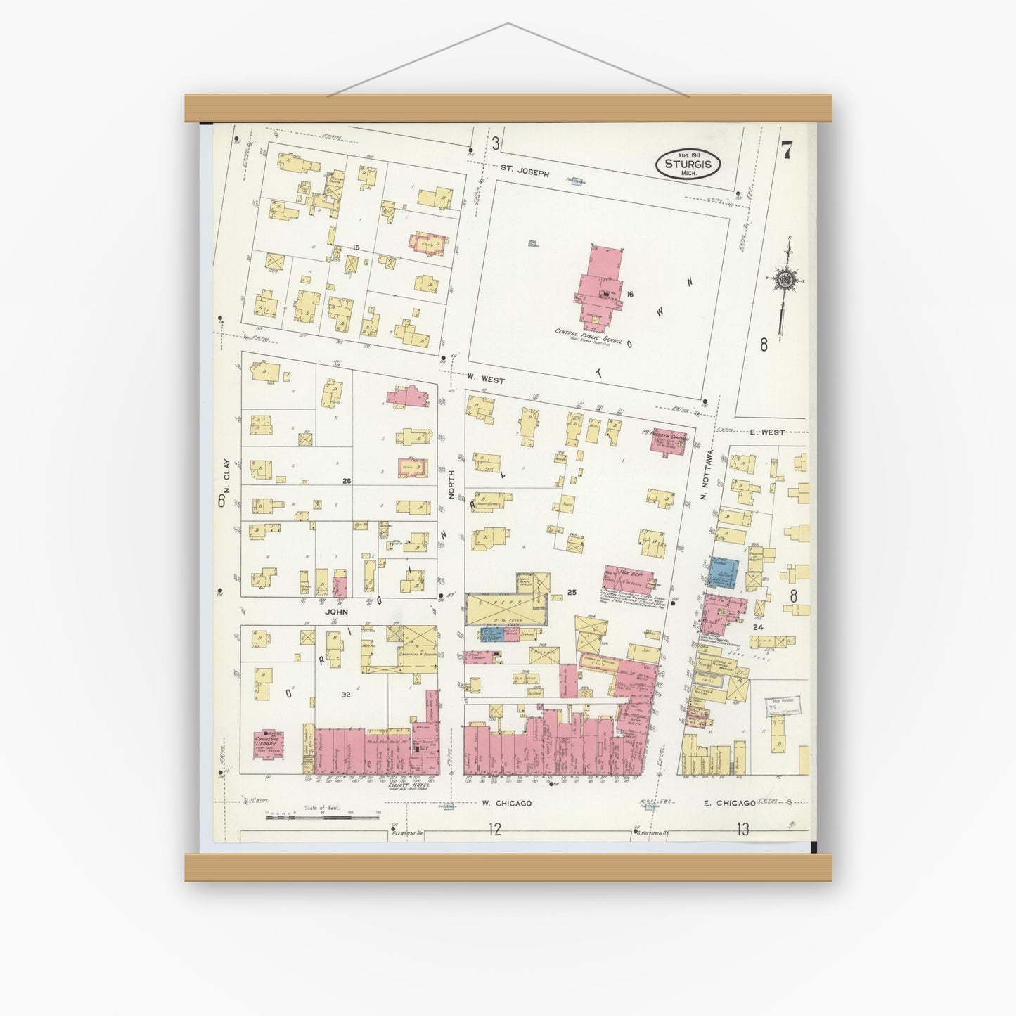 Old map wall art mockup — magnetic wood frame on white wall — Sanborn Fire Insurance Map from Sturgis, Saint Joseph County, Michigan (1911), Sheet #0007