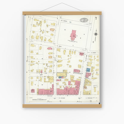 Old map wall art mockup — magnetic wood frame on white wall — Sanborn Fire Insurance Map from Sturgis, Saint Joseph County, Michigan (1911), Sheet #0007