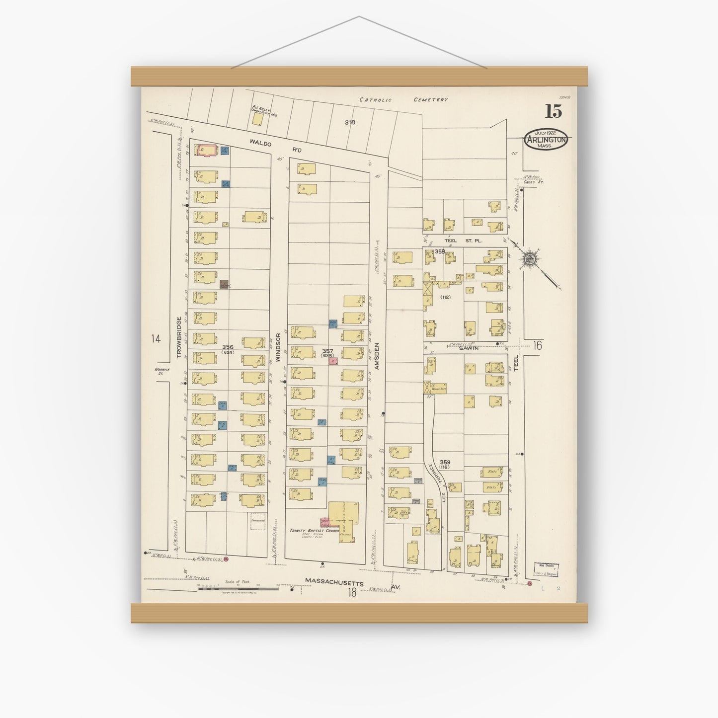 Old map wall art mockup — magnetic wood frame on white wall — Sanborn Fire Insurance Map from Arlington, Middlesex County, Massachusetts (1922), Sheet #0015