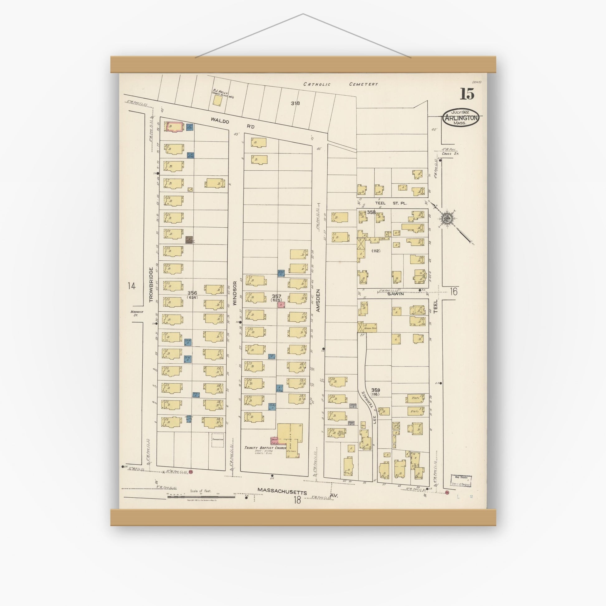 Old map wall art mockup — magnetic wood frame on white wall — Sanborn Fire Insurance Map from Arlington, Middlesex County, Massachusetts (1922), Sheet #0015