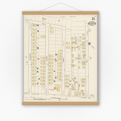 Old map wall art mockup — magnetic wood frame on white wall — Sanborn Fire Insurance Map from Arlington, Middlesex County, Massachusetts (1922), Sheet #0015