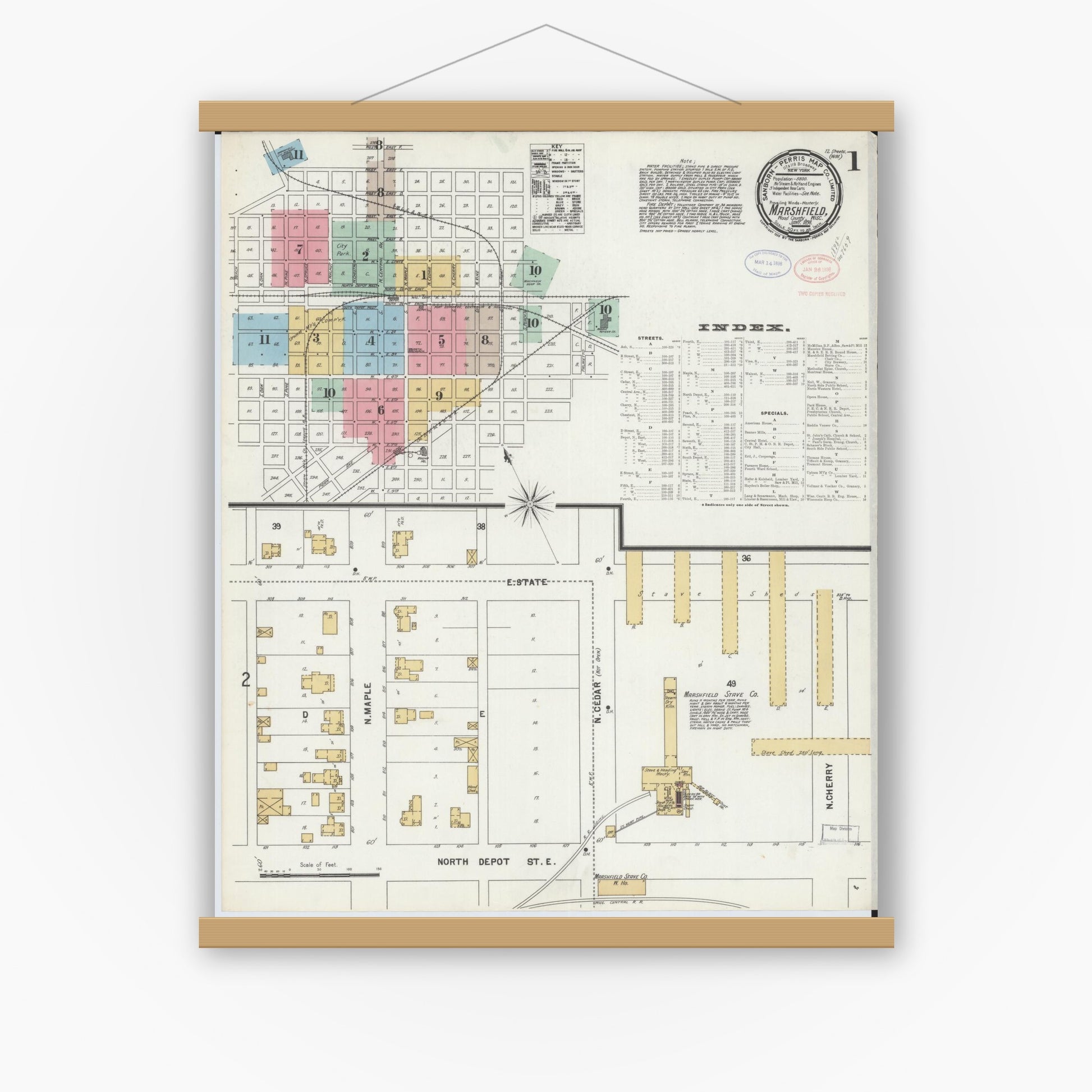 Old map wall art mockup — magnetic wood frame on white wall — Sanborn Fire Insurance Map from Marshfield, Wood County, Wisconsin (1898) - Complete Map Set