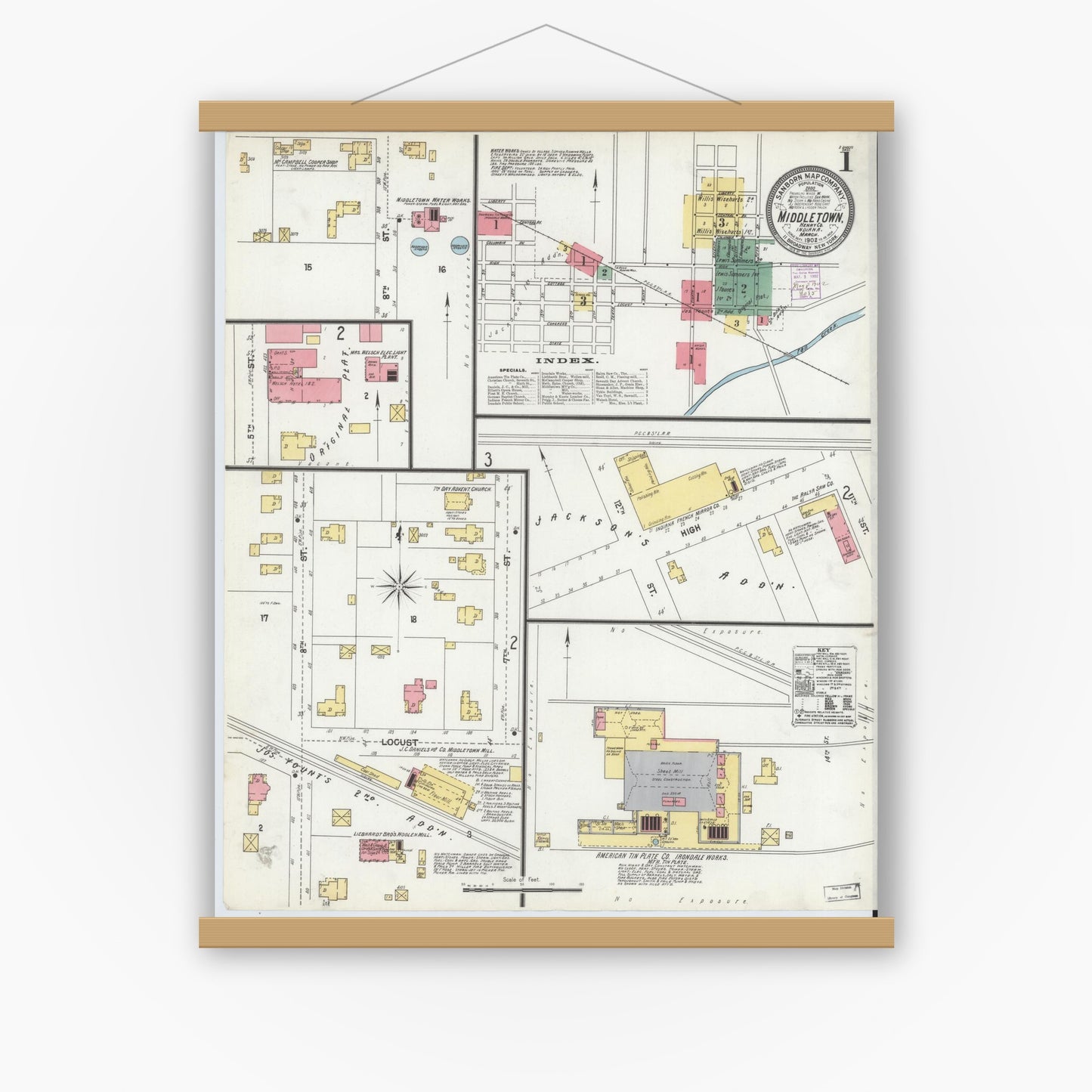Old map wall art mockup — magnetic wood frame on white wall — Sanborn Fire Insurance Map from Middletown, Henry County, Indiana (1902) - Complete Map Set